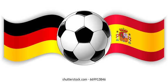 German and Spanish wavy flags with football ball. Germany combined with Spain isolated on white. Football match or international sport competition concept.