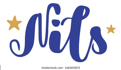 German spelling of the male name Nils. German lettering. Deutsch spelling. Calligraphy male name, isolated over white.