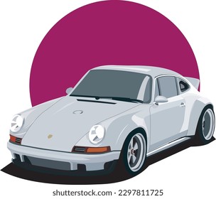 German sports car in gray. car illustrator, with isolated vector style white backgorund and purple circle