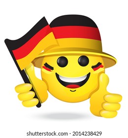 German sports fan, emoji in Germany flag colors wig. Vector emoticon smiles holding thumb up, national flag. Yellow emoticon for internet chats, sports bar. Isolated icon for mobile apps, social media