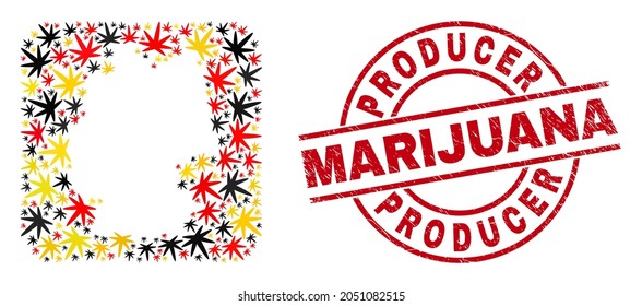 Collage del mapa estatal alemán con los colores oficiales de la bandera alemana - rojo, amarillo, negro y marca de agua rojiza de la marihuana roja. El sello de Marihuana de Productor utiliza líneas vectoriales y arcos.