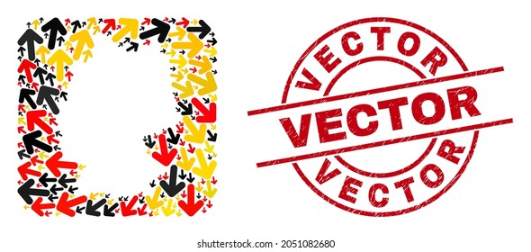 German state map collage in German flag official colors - red, yellow, black, and textured Vector red round seal. Vector stamp uses vector lines and arcs.