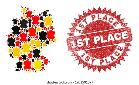 German state map mosaic in German flag official colors - red, yellow, black, and 1St Place red rosette seal. Vector fried chicken body items are combined into stylized German map mosaic.