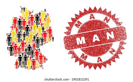 German state map mosaic in German flag official colors - red, yellow, black, and distress Man red rosette badge. Vector man items are scattered into mosaic German map illustration.