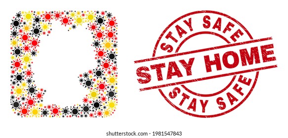 German state map mosaic in German flag official colors - red, yellow, black, and scratched Stay Safe Stay Home red round stamp seal. Stay Safe Stay Home seal uses vector lines and arcs.