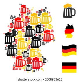 Mosaico de mapas del estado alemán con los colores oficiales de la bandera alemana - rojo, amarillo, negro. Los pictogramas de jarra de cerveza vectorial están dispuestos en un mosaico de mapa alemán estilizado.