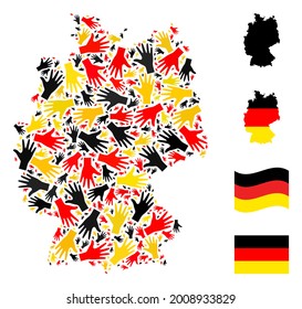 German state map mosaic in German flag official colors - red, yellow, black. Vector palm fingers pictograms are combined into mosaic Germany map composition.
