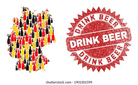 German state map mosaic in Germany flag official colors - red, yellow, black, and distress Drink Beer red rosette stamp print.
