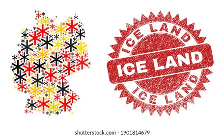 German state map mosaic in Germany flag official colors - red, yellow, black, and grunge Ice Land red rosette seal.