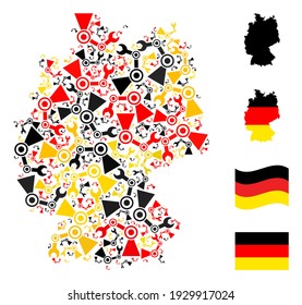 German state map mosaic in Germany flag official colors - red, yellow, black. Vector industrial robot items are formed into mosaic German map mosaic.