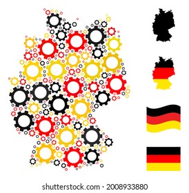 German state map mosaic in Germany flag official colors - red, yellow, black. Vector gear pictograms are combined into mosaic German map mosaic. Patriotic concept created of flat gear pictograms.