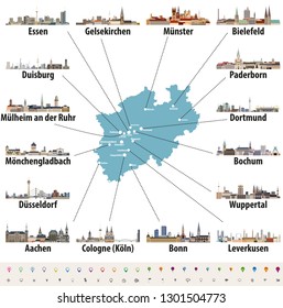 German state Norrth Rhine-Westphalia with largest cities skylines vector set svg