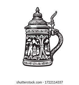 German stein beer mug. Black and white hand drawn vector illustration isolated on white backgraund. Brewery beer festival bar pub design. 