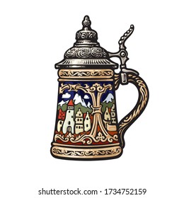 German stein beer mug with decorations in the form of old medieval city. Colorful hand drawn vector illustration isolated on white background. Brewery beer festival bar pub design. 