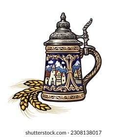 Hervidor de cerveza alemán con decoraciones en la forma de la antigua ciudad medieval y diseño del logo de la etiqueta del oído de cebada o trigo. Ilustración vectorial dibujada a mano aislada en fondo blanco. 