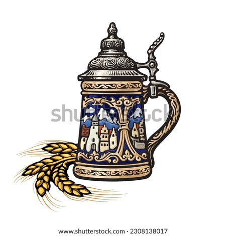 German stein beer mug with decorations in the form of old medieval city and barley or wheat ear label logo design. Hand drawn vector illustration isolated on white background. 