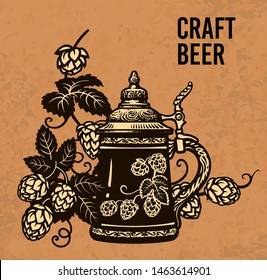 German stein beer mug with hop branches and ears of barley or wheat.  Brewery, beer festival, bar, pub design elements. Hand drawn vector illustration isolated on light brown background.