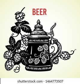 German stein beer mug with hop branches and ears of barley or wheat.  Brewery, beer festival, bar, pub design elements. Hand drawn vector illustration isolated on light background.