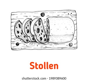 German stollen hand drawn vector illustration. Top view. Vintage design element. Sketch illustration.