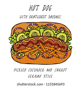 German Style Hot Dog Bratwurst Sausage, Lettuce Salad, Pickled Cucumber and Carrot, Mustard, Ketchup. Fast Food Collection. Realistic Hand Drawn High Quality Vector Illustration. Doodle Style.