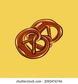 German styled couple of backed pretzels vector illustration. Tasty street food. October fest traditional food. Junk but tasty food. Crispy salty pretzel buns on the light yellow background.