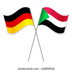 German and Sudanese crossed flags. Germany combined with Sudan isolated on white. Language learning, international business or travel concept.