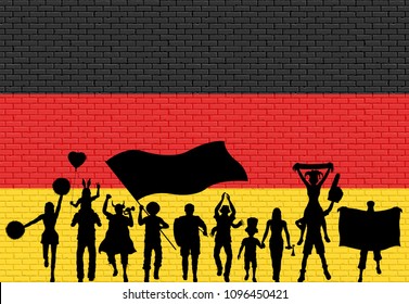 German supporter silhouette in front of brick wall with Germany flag. All the objects, silhouettes and the brick wall are in different layers. 