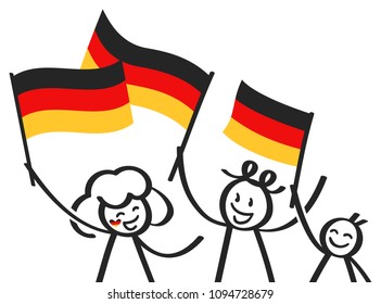 German supporters, sports fans, happy stick figures waving german flags isolated on white background