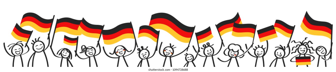 German supporters, sports fans, happy stick figures waving german flags, horizontal banner isolated on white background