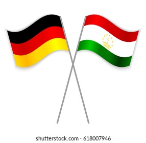 German and Tajikistani crossed flags. Germany combined with Tajikistan isolated on white. Language learning, international business or travel concept.