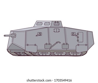 German tank A7V of the World War 1.Armored vehicle with a gun and machine gun.Realistic vector illustration