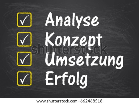 German text Analyse, Konzept, Loesung, Erfolg, translate Analysis, Concept, Solution, Succuss. Eps 10 vector file.