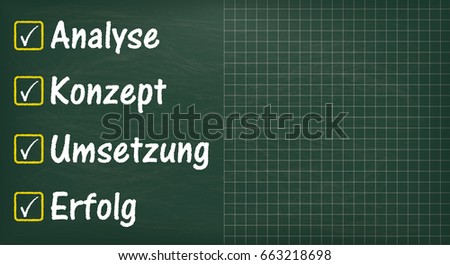 German text Analyse, Konzept, Loesung, Erfolg, translate Analysis, Concept, Solution, Succuss. Eps 10 vector file.