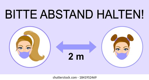 Deutscher Text: Bitte. Übersetzung: "Bitte halten Sie Abstand". Infografik-Poster aus sicherer Entfernung. Entfernung von 2 Meter. Bewahren Sie Distanzierung auf. Covid-19 zweite Welle. Neu normal.
