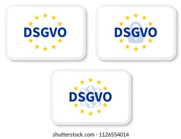 German text DSGVO translate GDPR white rectangle sticker set with the EU flag, the padlock icon and paragraph marks.