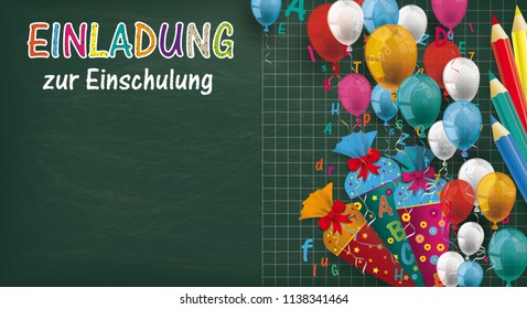German text "Einladung zur Einschulung", translate "Invitation to school enrollment". Eps 10 vector file.