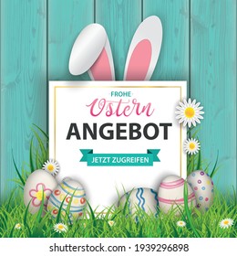 German text Frohe Ostern Angebot, translate Happy Easter Offers. Eps 10 vector file. 