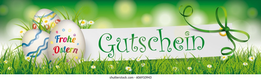 German text Frohe Ostern and Gutschein, translate Happy Easter and Coupon. Eps 10 vector file.