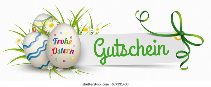 German text Frohe Ostern and Gutschein, translate Happy Easter and Coupon.  Eps 10 vector file.