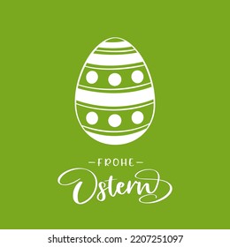 Texto alemán: Frohe Ostern. Felices letras de Pascua con un huevo sobre fondo verde. Vector