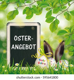 German text Frohe Ostern and Osterangebot, translate Happy Easter and Easter Offer. Eps 10 vector file.