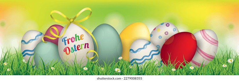 Texto alemán Frohe Ostern, traducir Feliz Pascua. Archivo vectorial Eps 10.