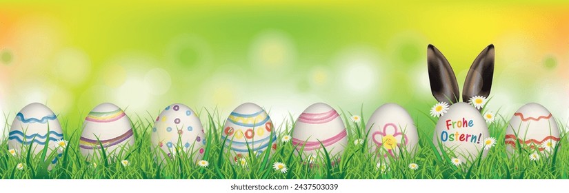 Texto en alemán Frohe Ostern, traducir Feliz Pascua. Archivo vectorial Eps 10.