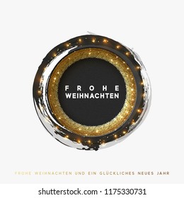 German text Frohe Weihnachten. Christmas greeting illustration. Round hole, black abstract frame, with bright light golden garlands. Xmas Background, vector cards