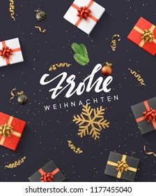 German text Frohe Weihnachten. Christmas composition. gift, confetti, golden snowflake and balls, Xmas tree branch.