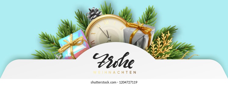 German text Frohe Weihnachten. Christmas design banners. Xmas decorations pine tree branches with pinecones, colorful realistic gift boxes and retro clock.