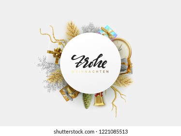 German text Frohe Weihnachten. Christmas banner with holiday objects. Background with gift box and snowflake and old clock design. Xmas decoration elements.