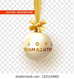 German text Frohe Weihnachten. Christmas ball hanging on ribbon with golden bow. Decor Xmas bauble isolated on transparent background