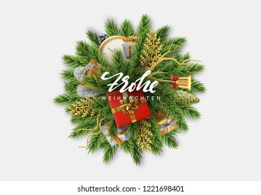 German text Frohe Weihnachten. Christmas background. Design Bundle of pine branches round sphere and the holiday Xmas decoration object, gift boxes, antique clocks, golden bell