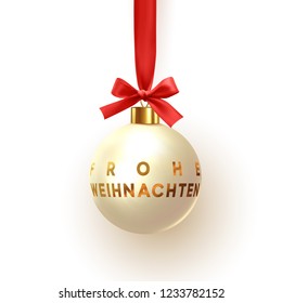 German text Frohe Weihnachten. Christmas ball hanging on ribbon with red bow. Decor Xmas bauble isolated on white background